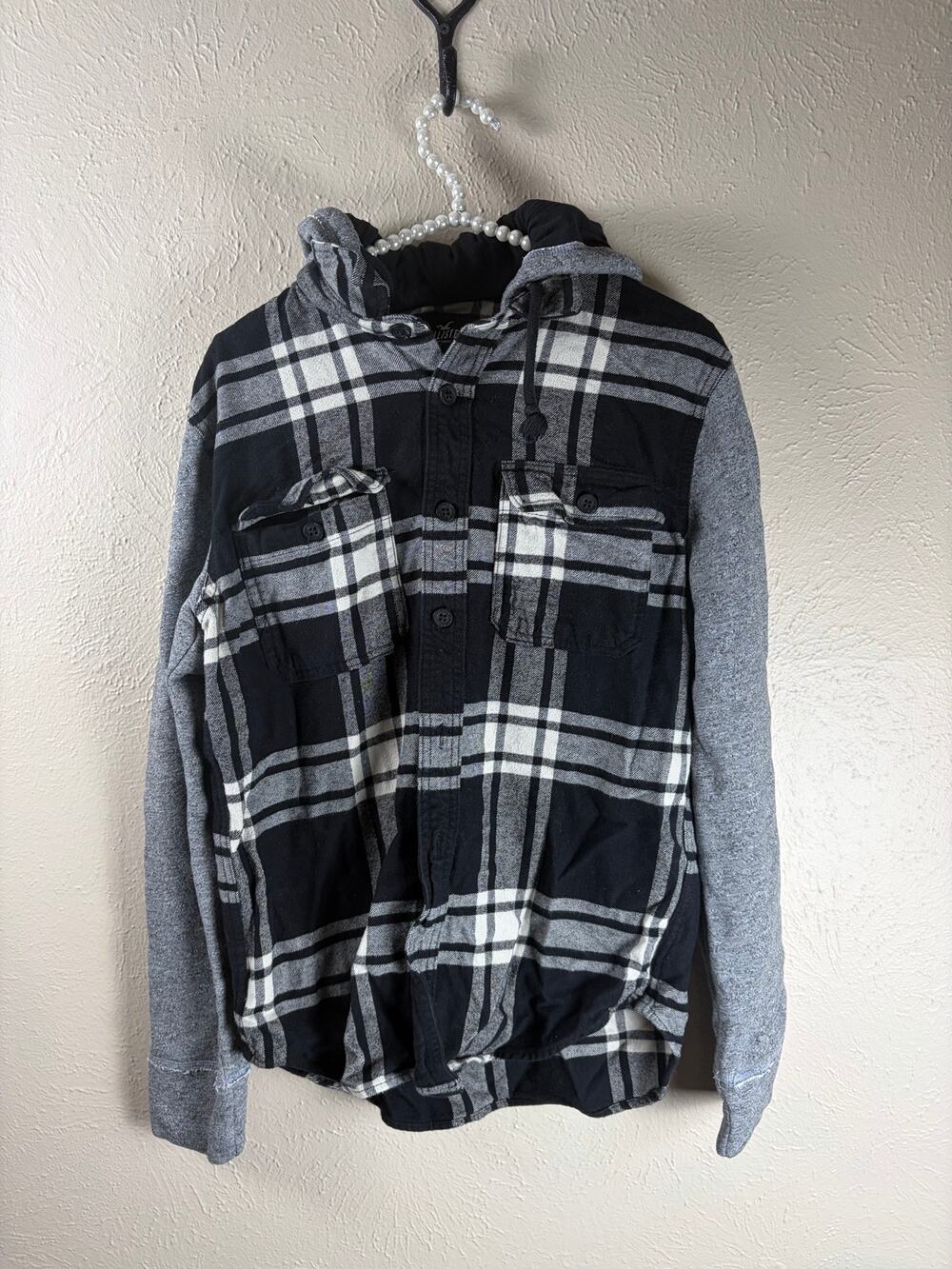 Hollister Flannel Sweatshirt Jacket Mens Size Small Gray Plaid Hooded Streetwear